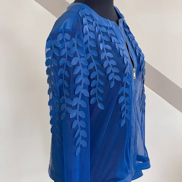 Colleen Lopez Vibrant Blue Sheer Faux Leather Jacket Women’s Sz S Leaf Details - Picture 6 of 13
